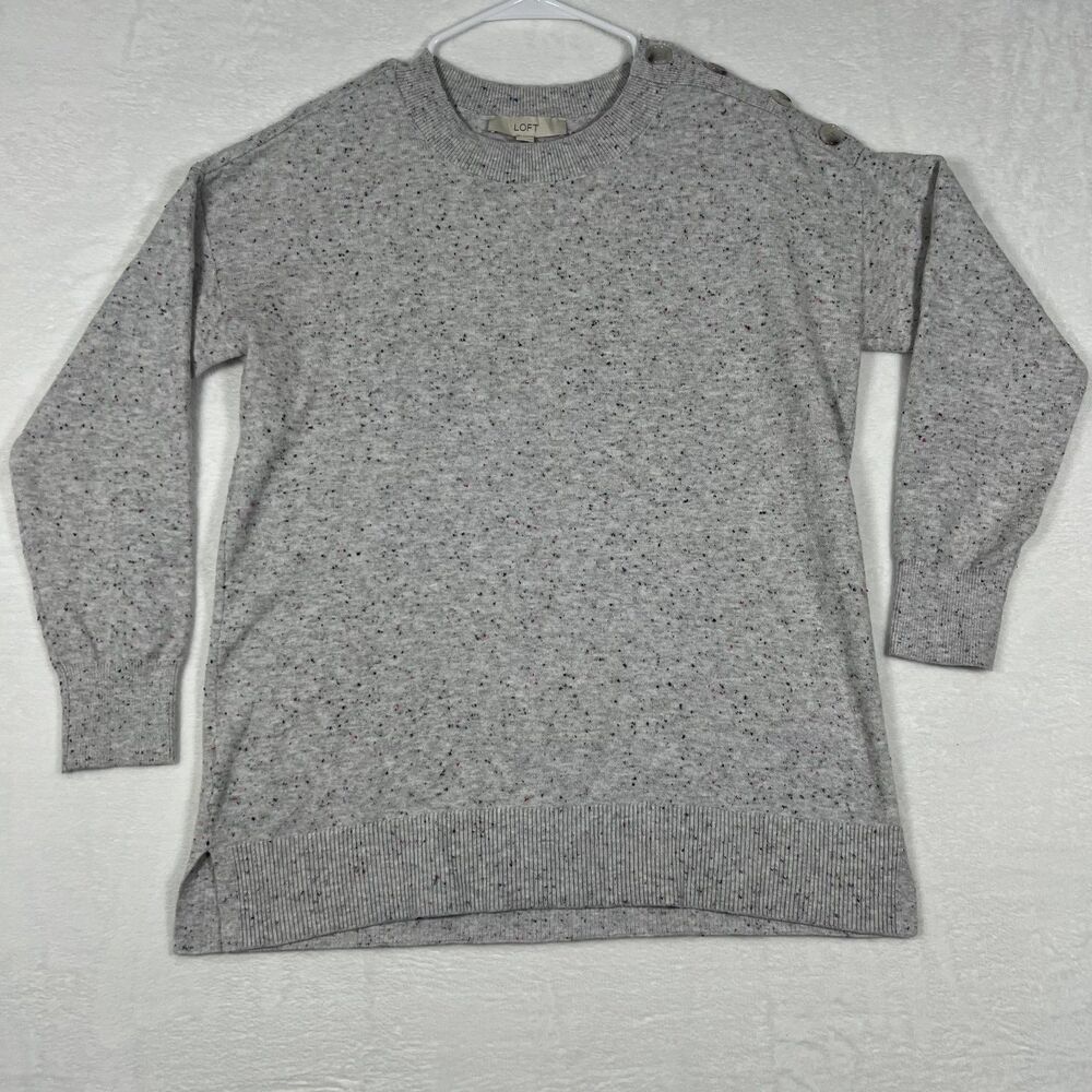 LOFT Womens Sweater Size Large Gray Fleck Knit Button Shoulder Crew Neck Top
